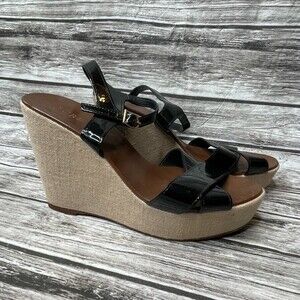 J. Crew Womens Patent Leather Canvas Wedge Sandals 7 Beige Black Made in Italy